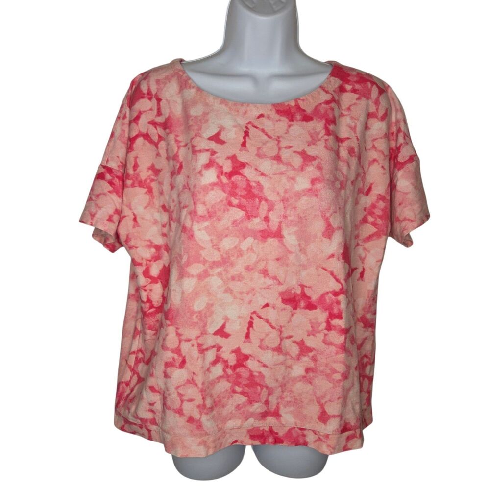 Weekends by Chico's Pink Coral Watercolor Tie-Dye Short Sleeve Top Size 1 Med
